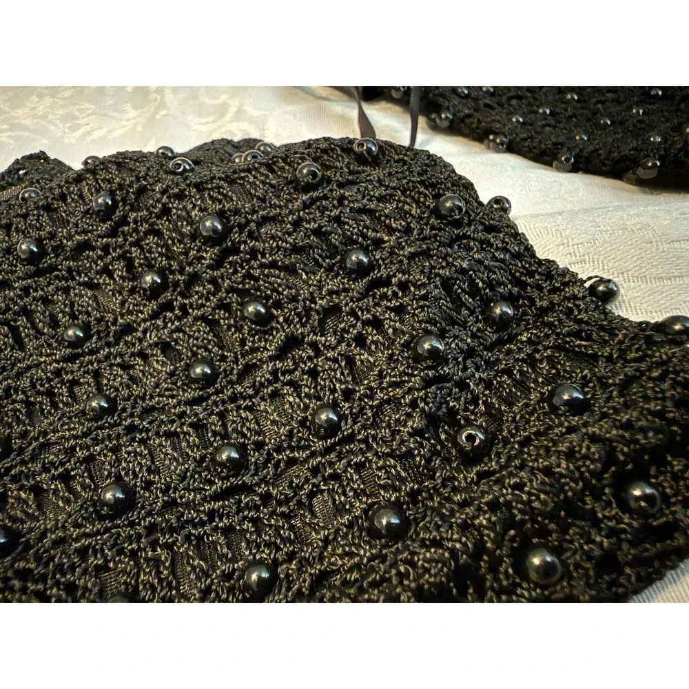 Lot Of 2 Black Crochet Lace Beaded Knit Drawstring Jewelry‎ Holder Bag Pouch